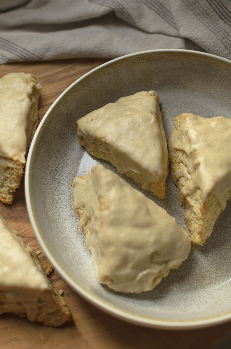sourdough vanilla bean scones on a gray plate
