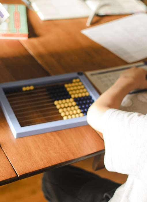 boy sitting at the table with an abacus